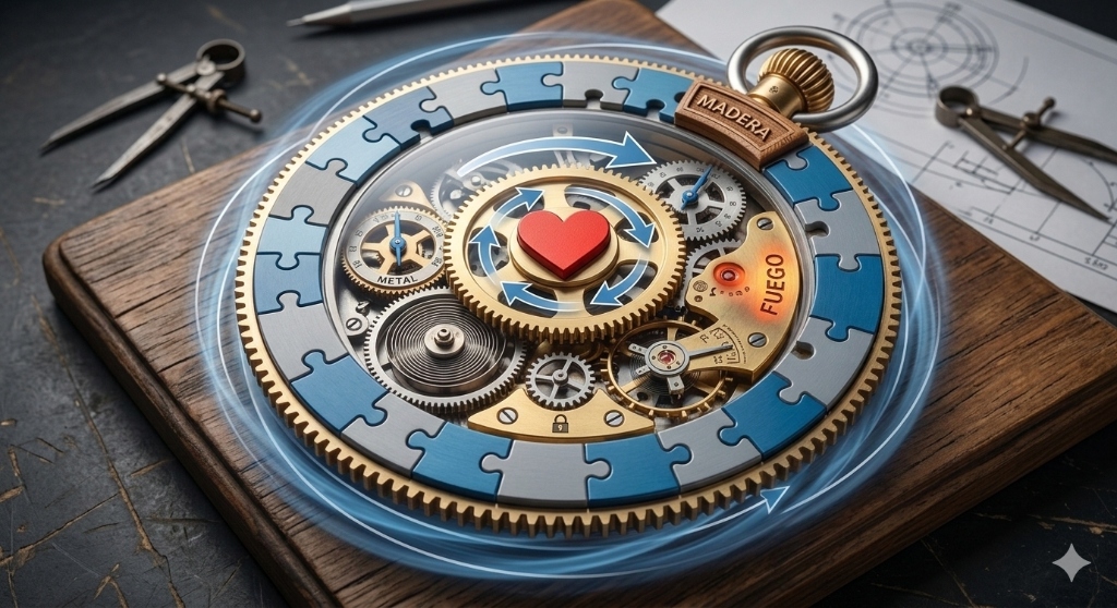 Icono Arquitectura de Ejecución — Mecanismo de reloj con corazón y piezas de puzzle
